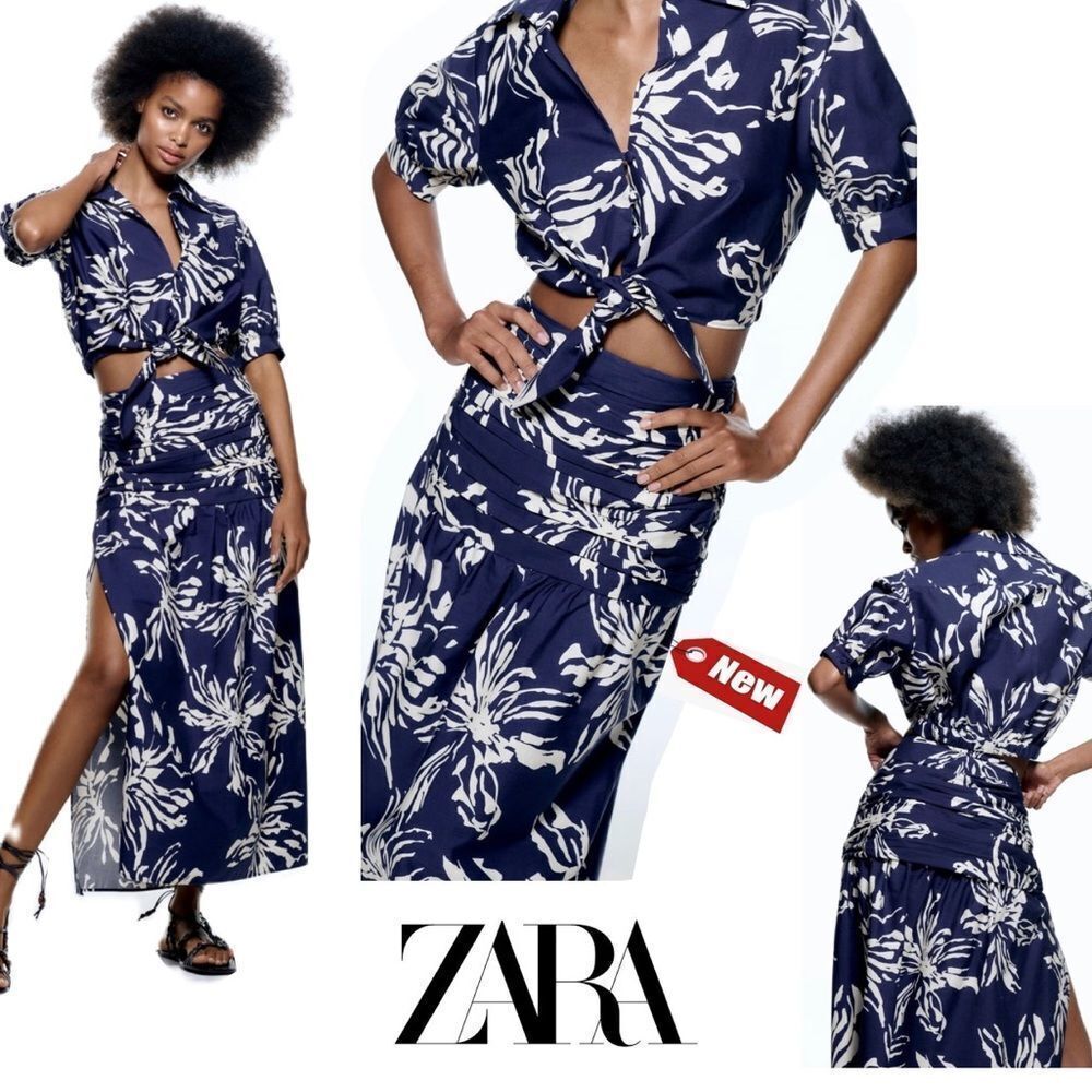 Zara navy long printed high waisted pleated side slit skirt Sz M NWT